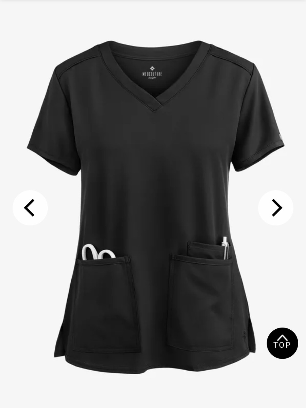 Med Couture Black V-Neck Women’s Scrub Top with Dual Patch Pockets